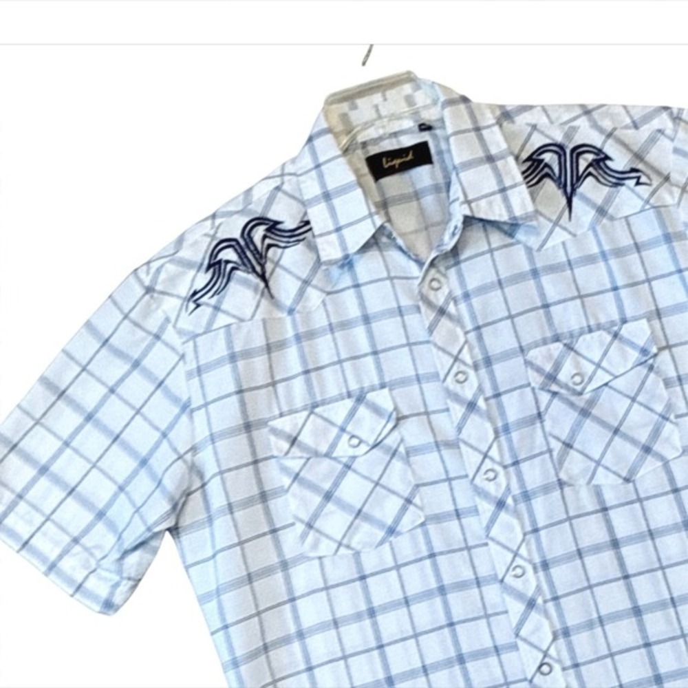 Liquid Western Plaid pearl snap Short Sleeve Shirt XXL Blue Embroidered